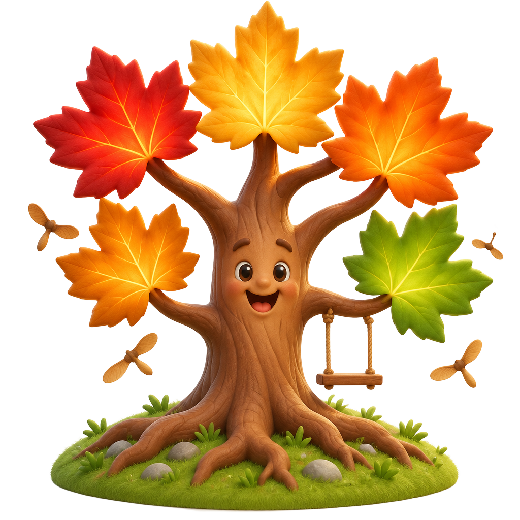 A friendly maple tree with five colorful leaves